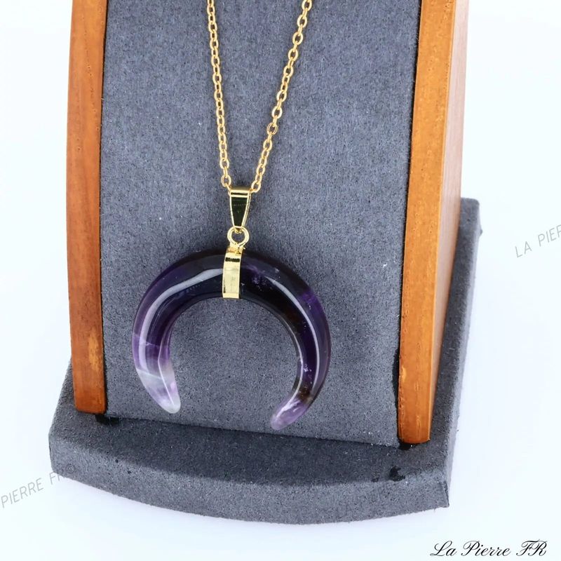Pendentif lune en Améthyste sur cordon, bijou en pierre naturelle violette pour collier