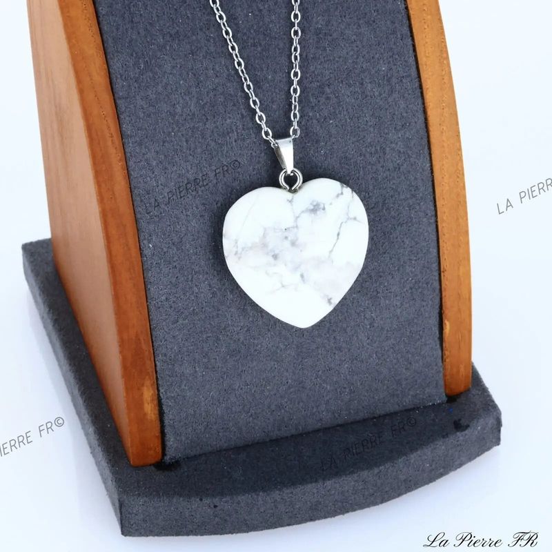 Pendentif cœur en Howlite blanche naturelle, bijou de lithothérapie de calme et d'apaisement