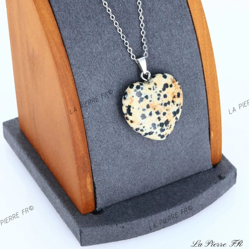 Pendentif cœur en Jaspe Dalmatien naturel, bijou de lithothérapie moucheté noir et blanc