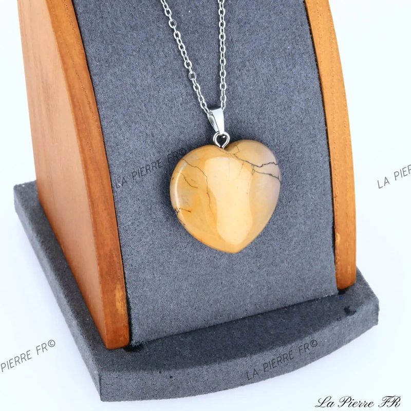 Pendentif cœur en Jaspe Mokaïte naturel, bijou de lithothérapie aux couleurs ocre et bordeaux