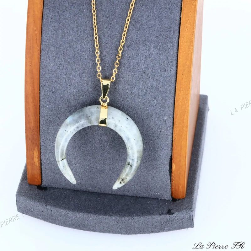 Pendentif lune en Labradorite grise sur cordon, bijou en pierre naturelle pour collier