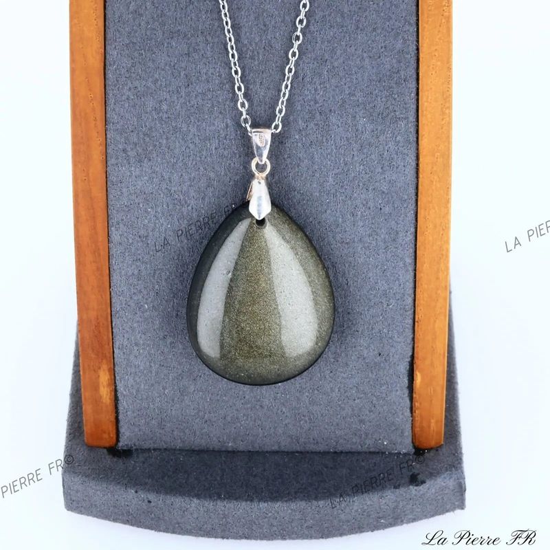 Pendentif goutte en Obsidienne Dorée du Mexique, bijou de lithothérapie aux reflets dorés