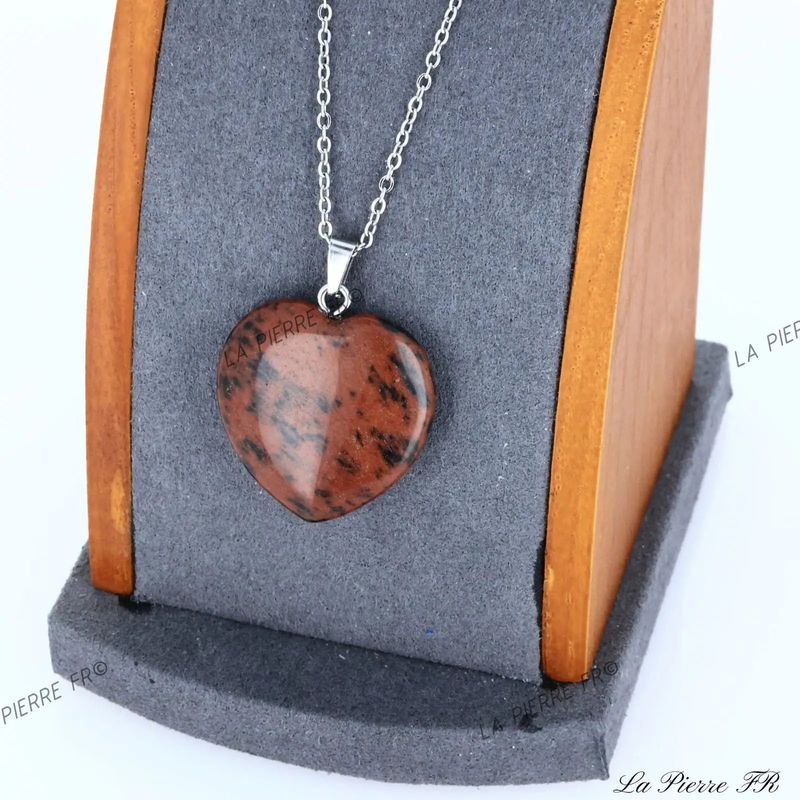 Pendentif Obsidienne Acajou en cœur, pierre naturelle de protection et de force pour collier