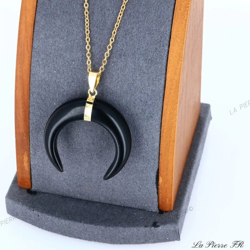 Pendentif lune en Onyx noir sur cordon, bijou en pierre naturelle pour collier