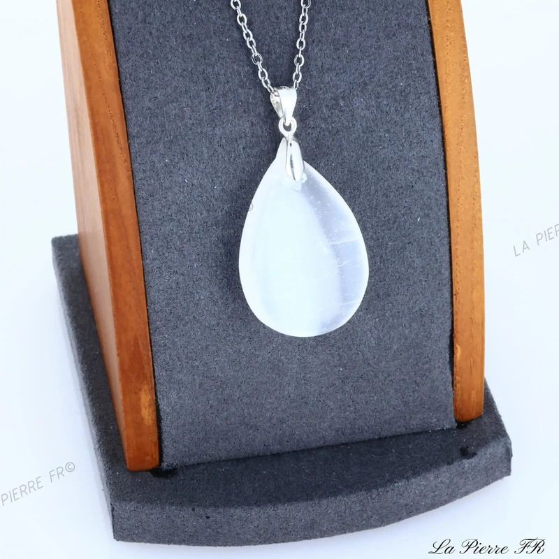 Pendentif goutte en Sélénite naturelle du Maroc sur argent 925, pierre blanche de purification