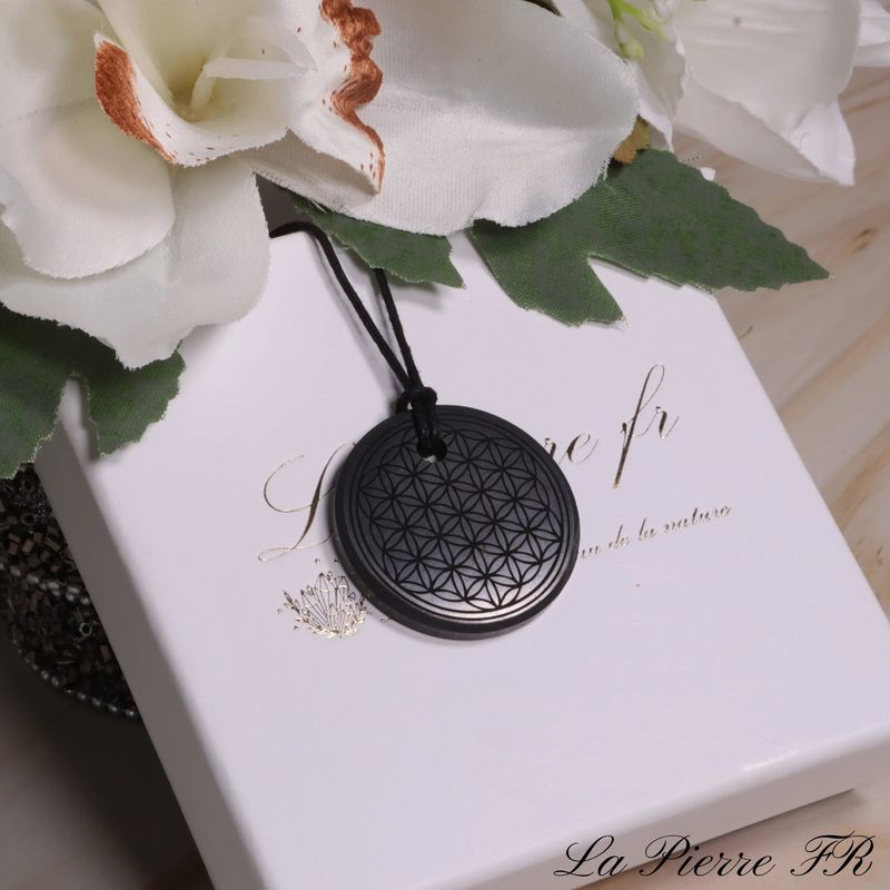 Pendentif Shungite naturelle gravée Fleur de Vie de Carélie, pierre de protection et d'ancrage