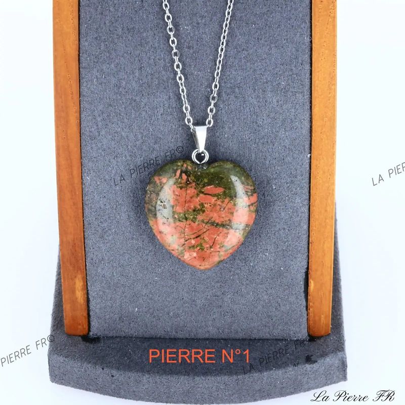 Pendentif cœur en Unakite naturelle, bijou de lithothérapie vert et rose d'équilibre