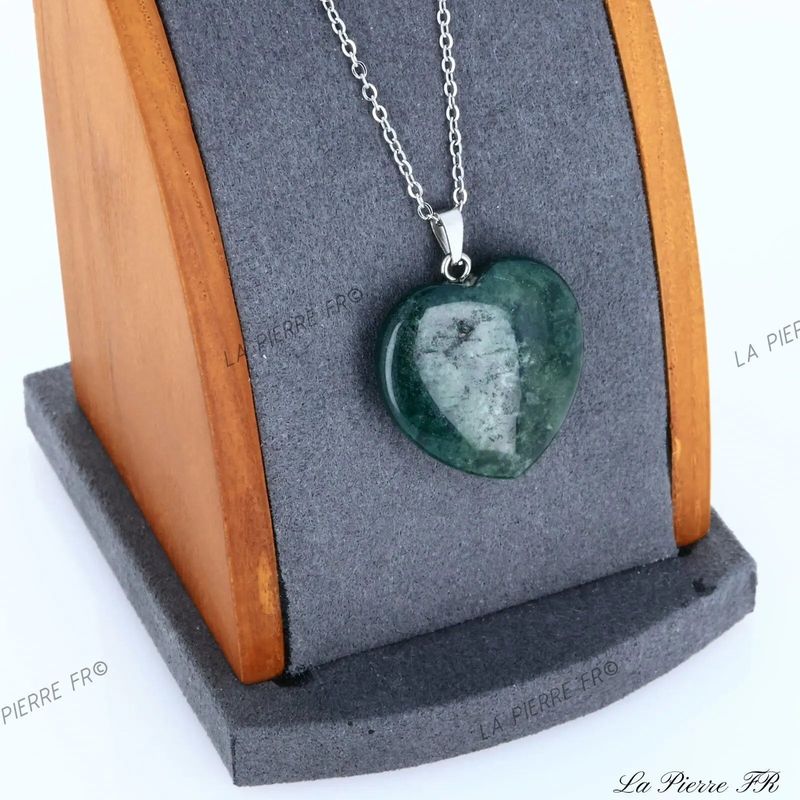 Pendentif cœur en Agate Mousse verte, bijou de lithothérapie aux inclusions végétales
