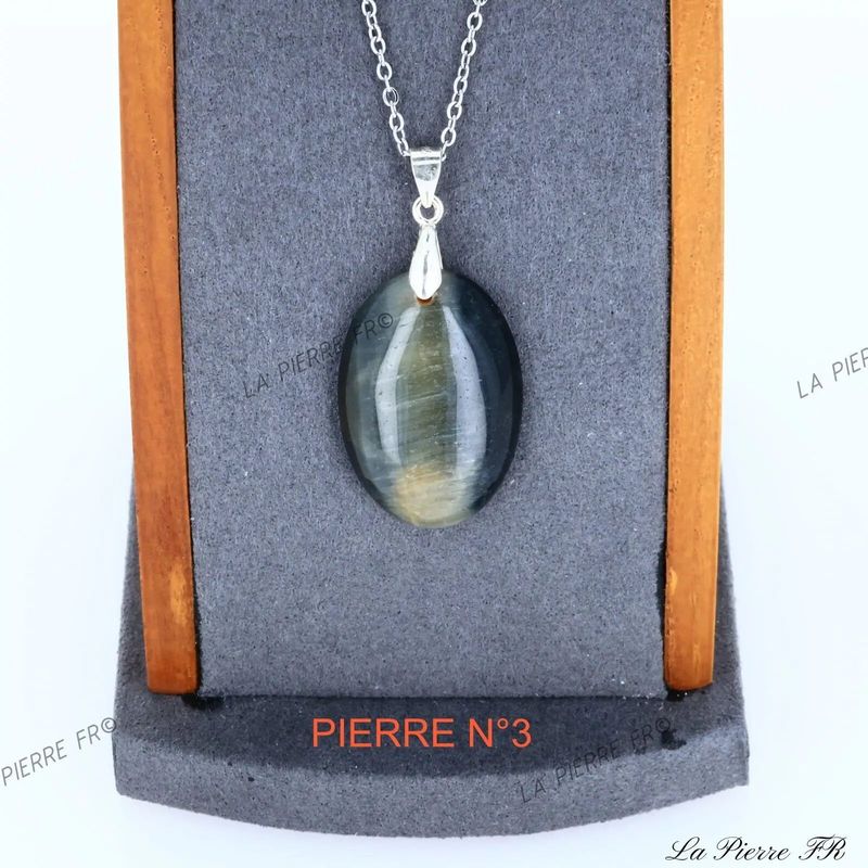 Pendentif Œil de Faucon (œil de tigre bleu) sur chaîne argentée, pierre naturelle chatoyante