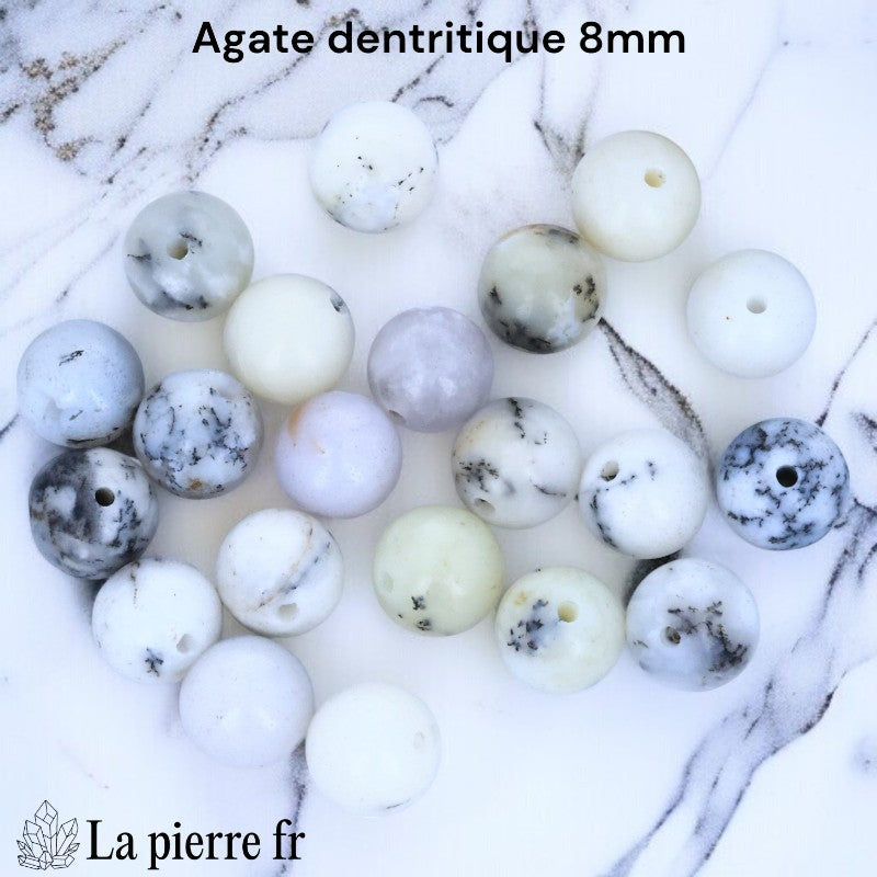 Lot de 20 perles Agate Dendritique naturelle 8mm Madagascar en vrac, rondes, pour création bracelet, motifs uniques.