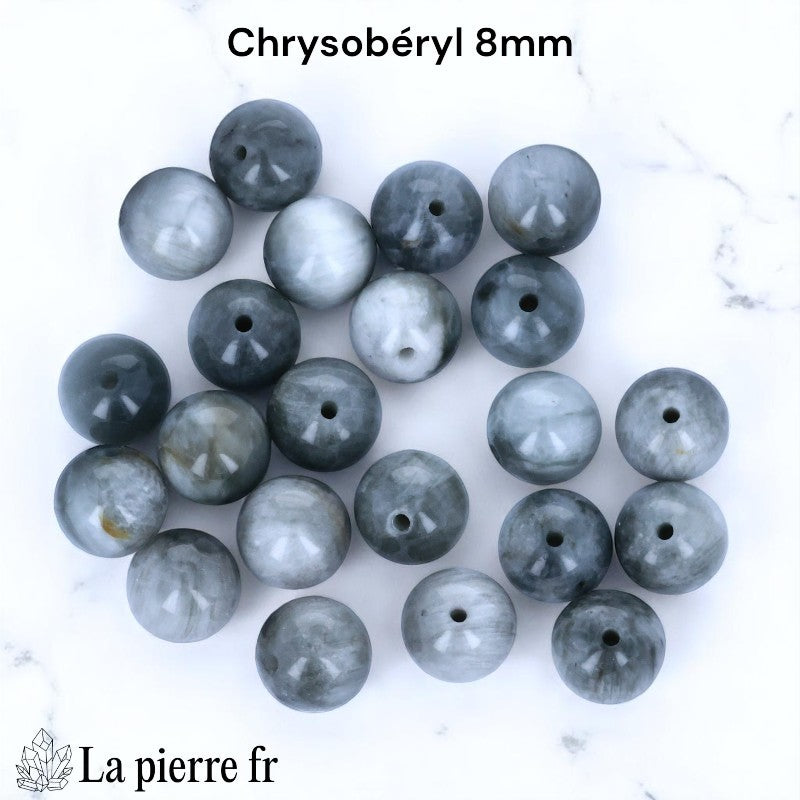 Lot de perles de pierre en Chrysobéryl naturel (Œil de Chat) 6mm, rondes, gris et noir.
