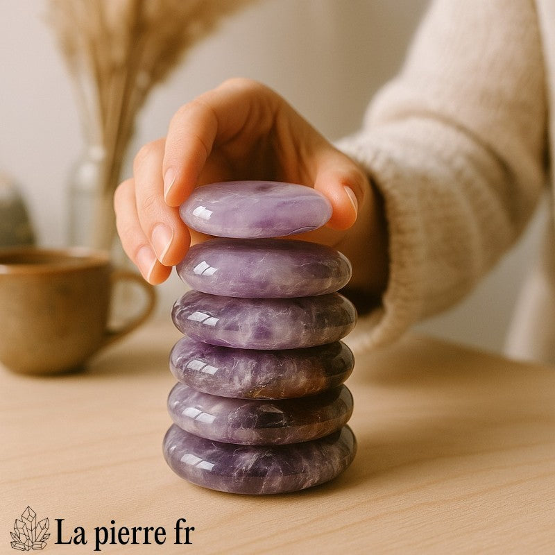 Galet plat d'Amétrine poli, pierre naturelle pour lithothérapie et massage