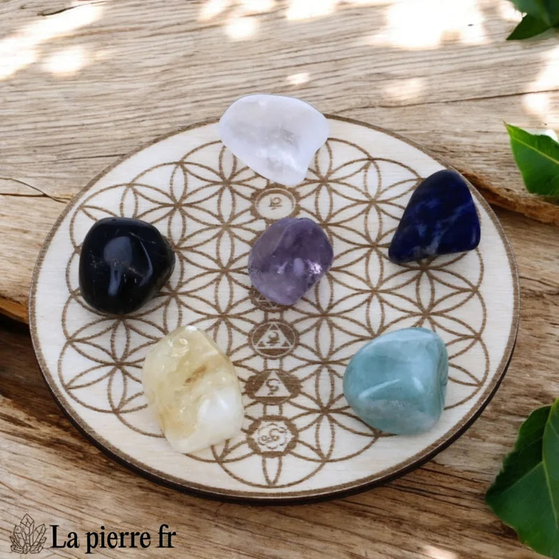 Plaque de Rechargement Fleur de Vie 7 Chakras en Bois