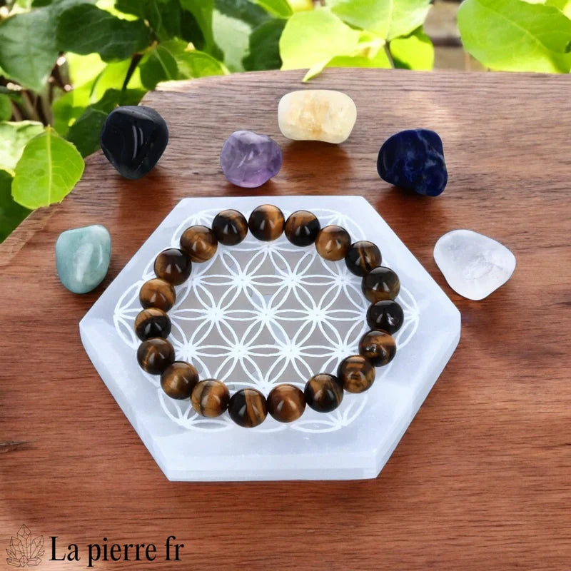 Plaque de rechargement hexagonale en sélénite naturelle avec Fleur de Vie. Purifiez et rechargez vos pierres 