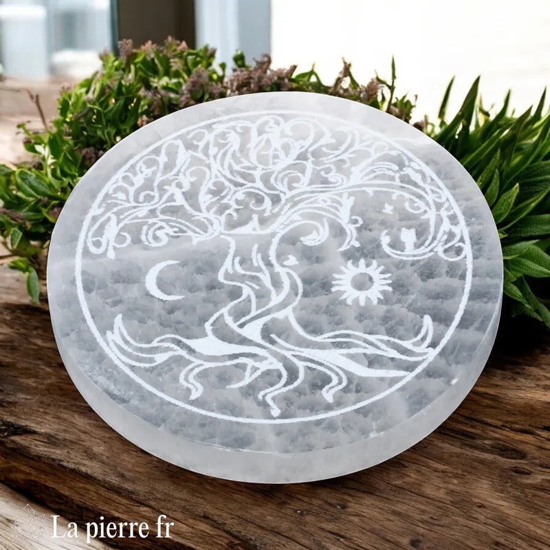 Plaque de rechargement en sélénite (10cm) avec Arbre de Vie, Lune et Soleil. Purifie, recharge et harmonise vos pierres. Pièce artisanale unique.