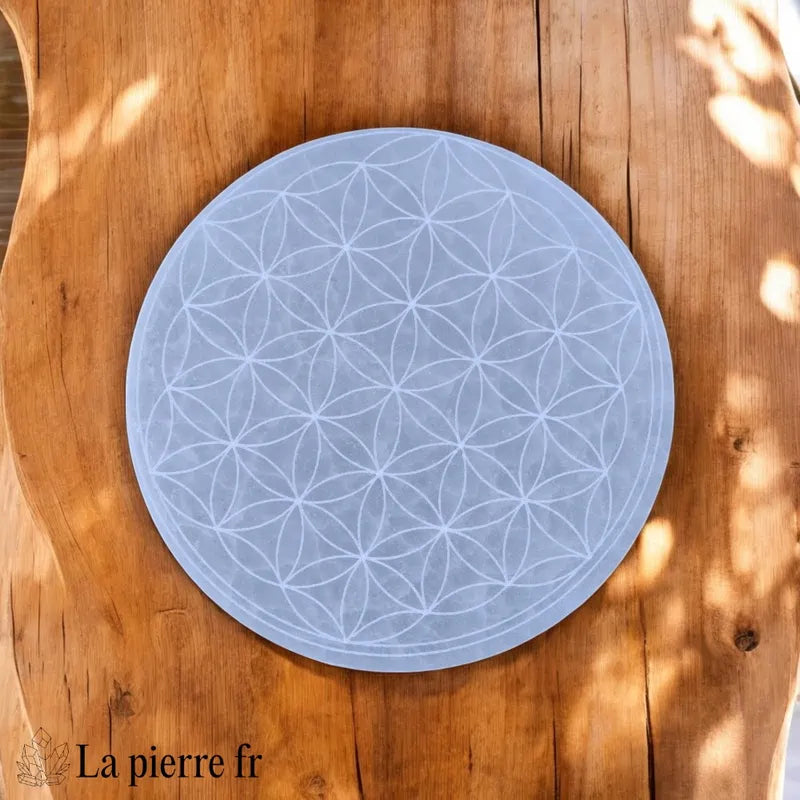 Fleur de vie en sélénite du Maroc ronde de +/-10cm de diamètres, Plaque permettant de recharger vos cristaux, pierres et bijoux.