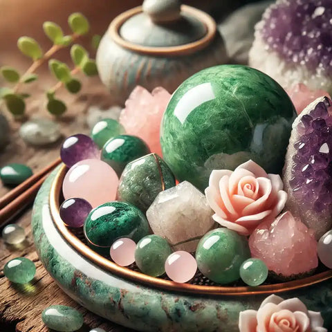 Pierres de Jade Vert et de Quartz Rose symbolisant l'association de pierres