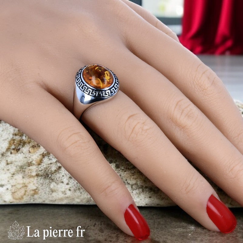 Profil Bague Ambre Vintage (Couronne Émaillée Vintage) montrant détails émail et argent rhodié.