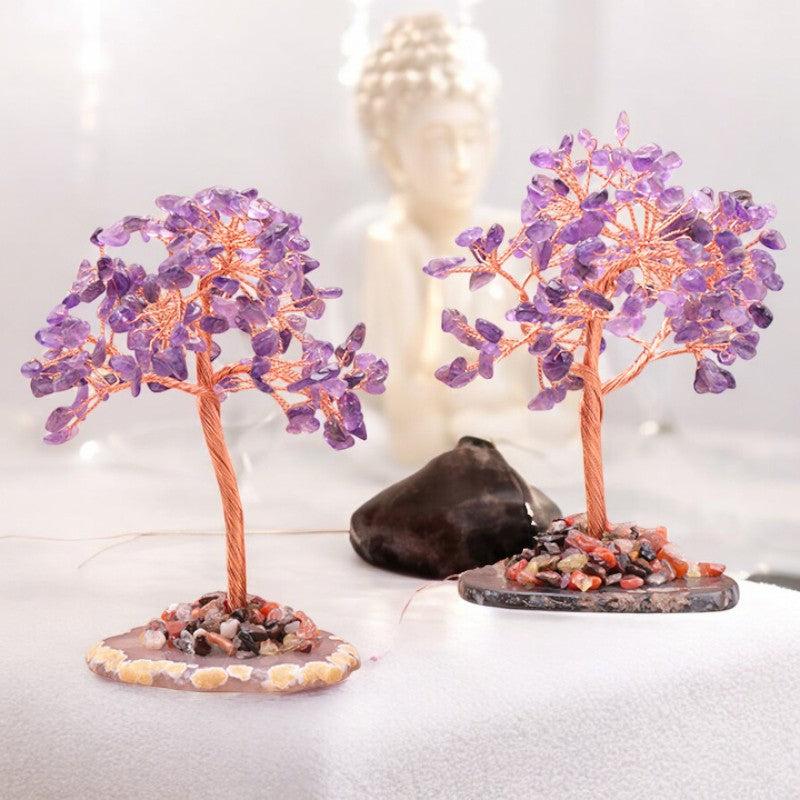Arbre du bonheur en Améthyste du Brésil – petite taille 12 à 15 cm, base en agate naturelle décorée de pépites