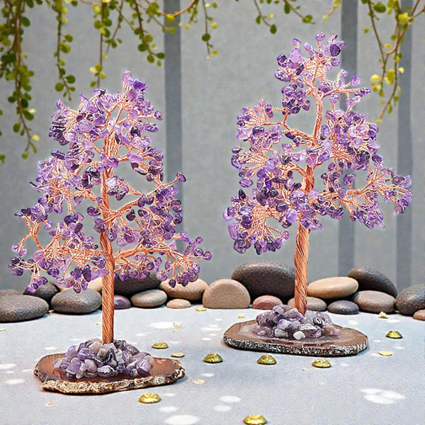 Arbre du bonheur en Améthyste du Brésil – grande taille 15 à 20 cm, bonsaï en pierre naturelle violette sur agate
