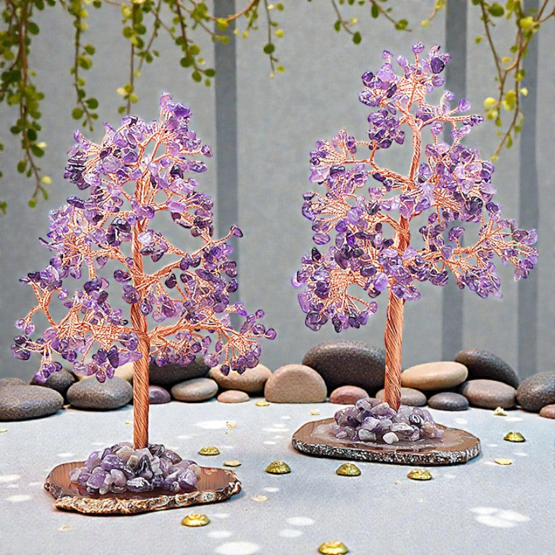 Arbre du bonheur en Améthyste du Brésil – grande taille 15 à 20 cm, bonsaï en pierre naturelle violette sur agate
