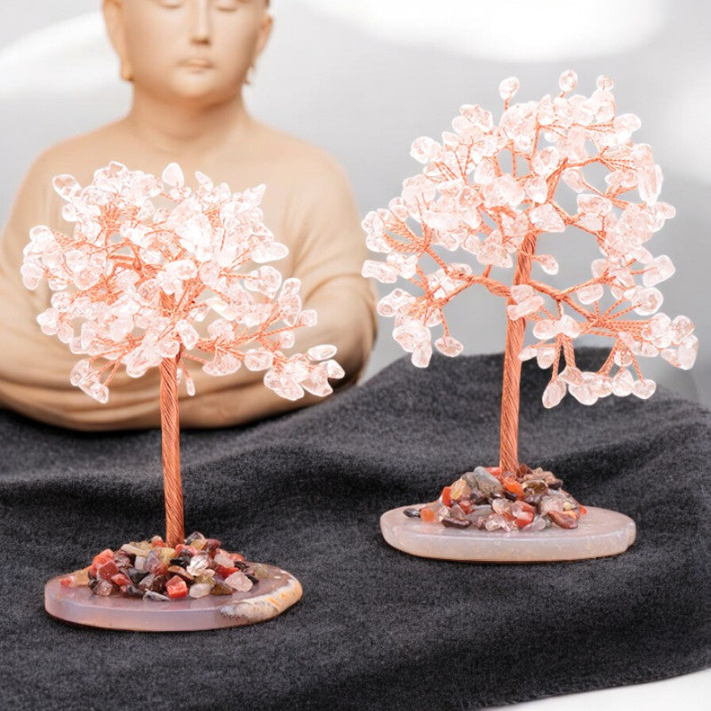 Arbre du bonheur en cristal de roche naturel – petite taille 12 à 15 cm sur base en agate