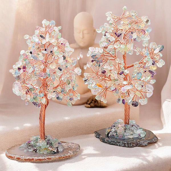 Arbre du bonheur en fluorine de Chine – grande taille 15 à 20 cm sur base en agate