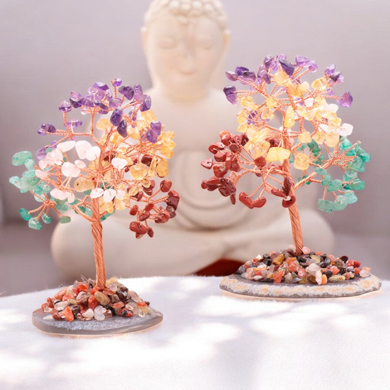 Arbre de vie ou arbre du bonheur en pierres naturelles multi-pierres sur base en agate