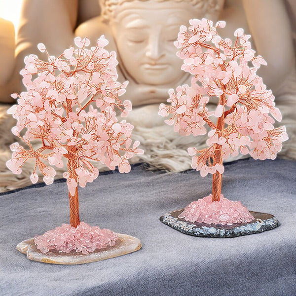 Arbre du bonheur en quartz rose naturel – grande taille 15 à 20 cm avec pépites décoratives