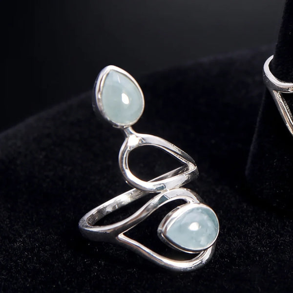 Bague aigue-marine argent 925, deux gouttes reliées par des volutes
