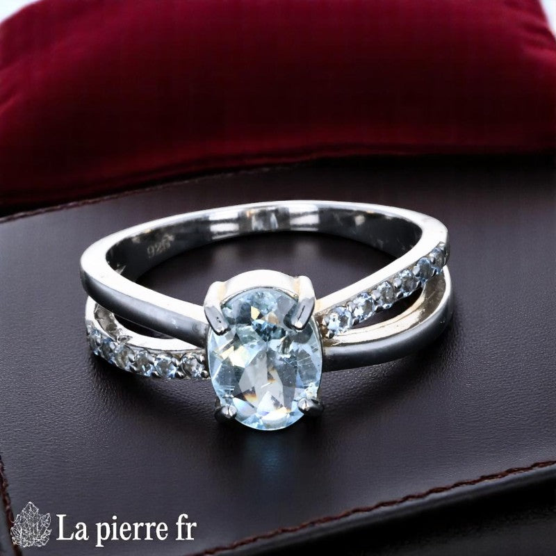 Bague Aigue-Marine véritable en Argent rhodié (Aura Ovale)