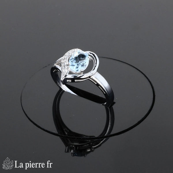 Bague Aigue-Marine (Cœur Vintage) en argent rhodié, monture cœur avec pierre ovale centrale 5x7mm - Vue de dessus.