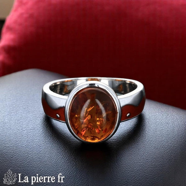 Bague Ambre Argent Émaillé (Charme Émaillé) - Vue de dessus pierre ovale et détails émail.