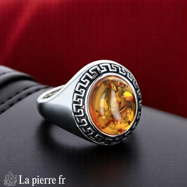 Bague Ambre Argent Émaillé & Rhodié (Couronne Émaillée Vintage) - Vue dessus pierre ovale 10x12mm.