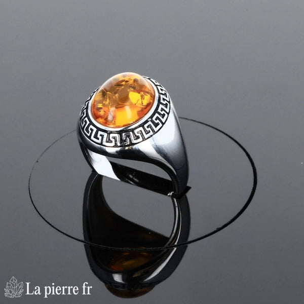Bague Ambre Argent Émaillé & Rhodié (Couronne Émaillée Vintage) - Vue dessus pierre ovale 10x12mm.