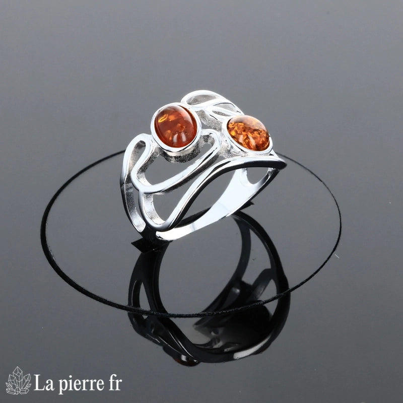 Bague Ambre Argent rhodié (Duo Vintage) - Vue dessus pierres ovale et ronde.