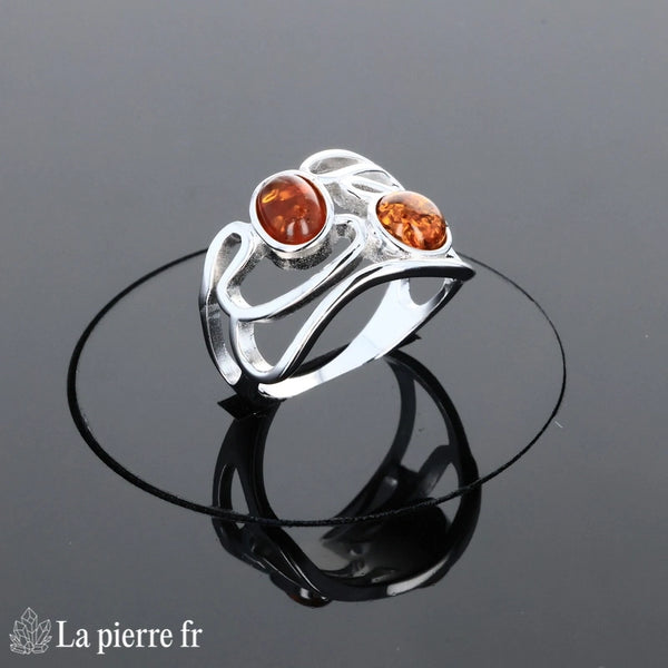 Bague Ambre Argent rhodié (Duo Vintage) - Vue dessus pierres ovale et ronde.