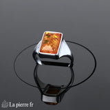 Bague Ambre Argent Rhodié (Signature Rectangulaire) - Vue de dessus pierre rectangulaire.