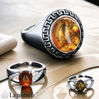 Bague en ambre véritable pour femme – bijou en argent La Pierre FR, symbole de chaleur, énergie vitale et protection.