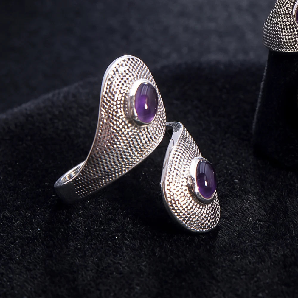 Bague améthyste argent 925, deux cabochons ovales sur gouttes texturées qui se croisent