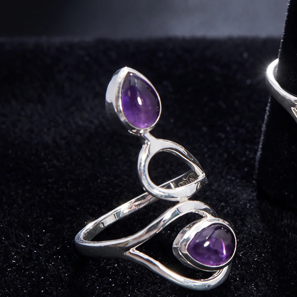 Bague améthyste argent 925, deux gouttes violettes et volutes ajourées