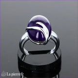 Bague minimaliste pour femme en argent rhodié avec pierre naturelle améthyste ovale mesurant 13x18mm.