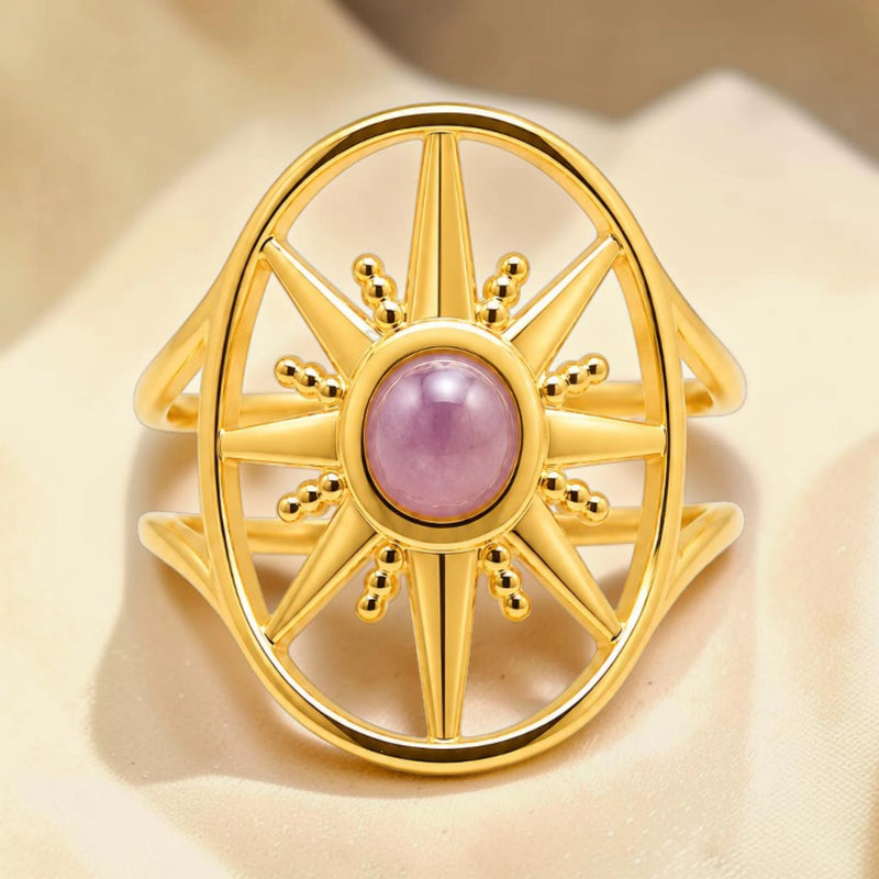 Bague améthyste motif soleil en acier inoxydable doré