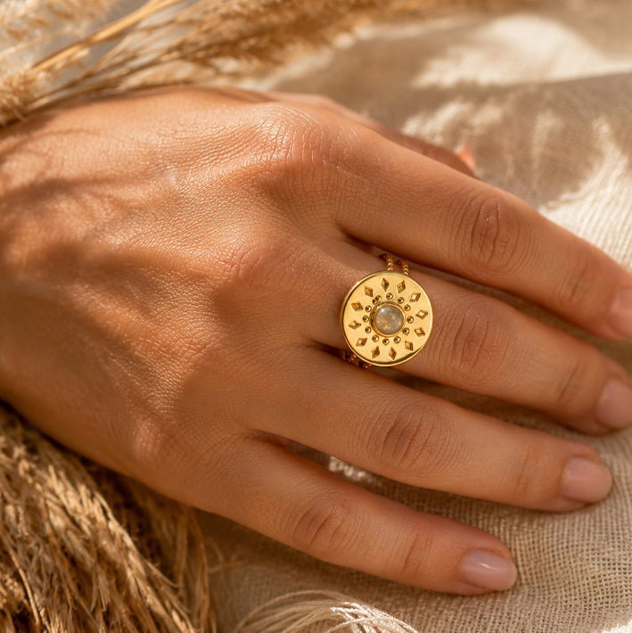 Bague astre solaire en labradorite dorée