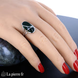Bague design pour femme en argent rhodié avec pierre en Jade Vert véritable ovale 9x18mm.