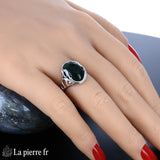 Bague pour femme en argent rhodié facetté (travaillé) avec pierre en Jade Vert véritable 10x14mm.