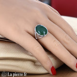 Bague moderne haut de gamme pour femme en argent rhodié avec pierre en Jade Vert véritable 12x16mm.