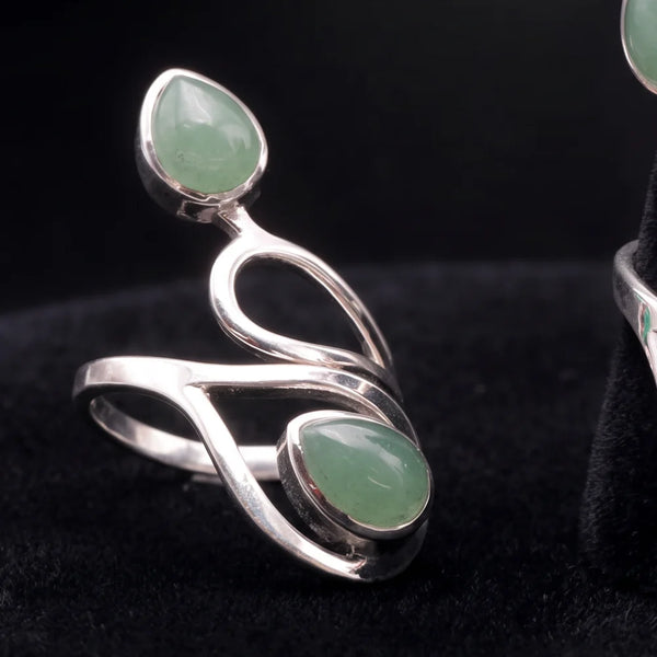 Bague aventurine argent 925, double goutte verte et volutes ajourées