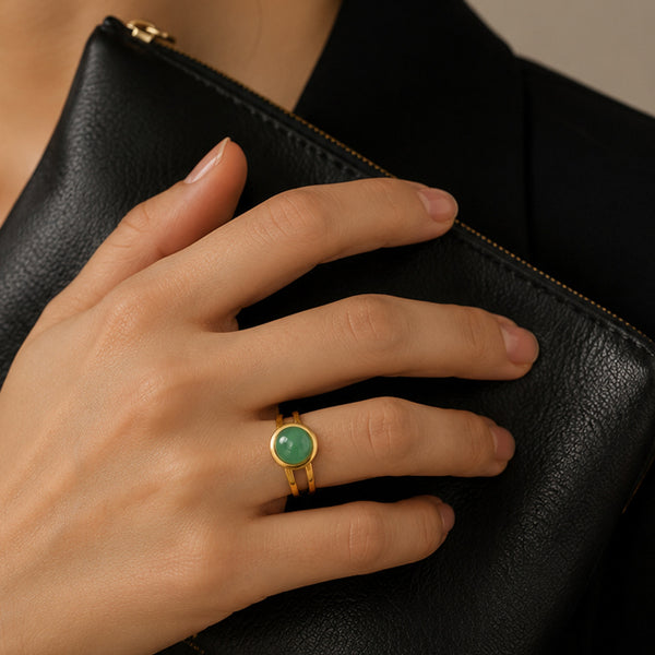 Bague aventurine femme en acier inoxydable doré