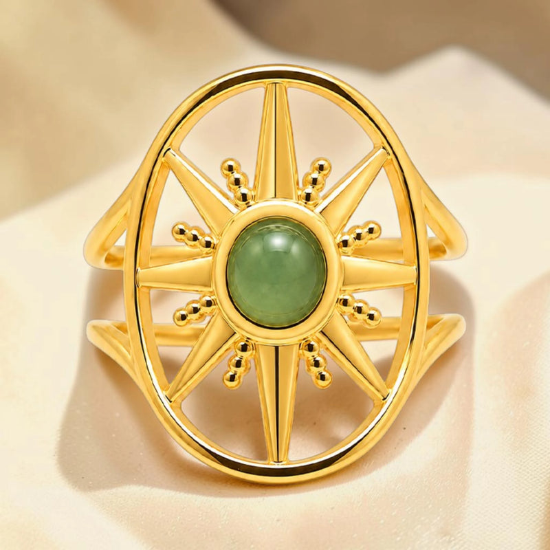Bague aventurine verte motif soleil en acier inoxydable doré